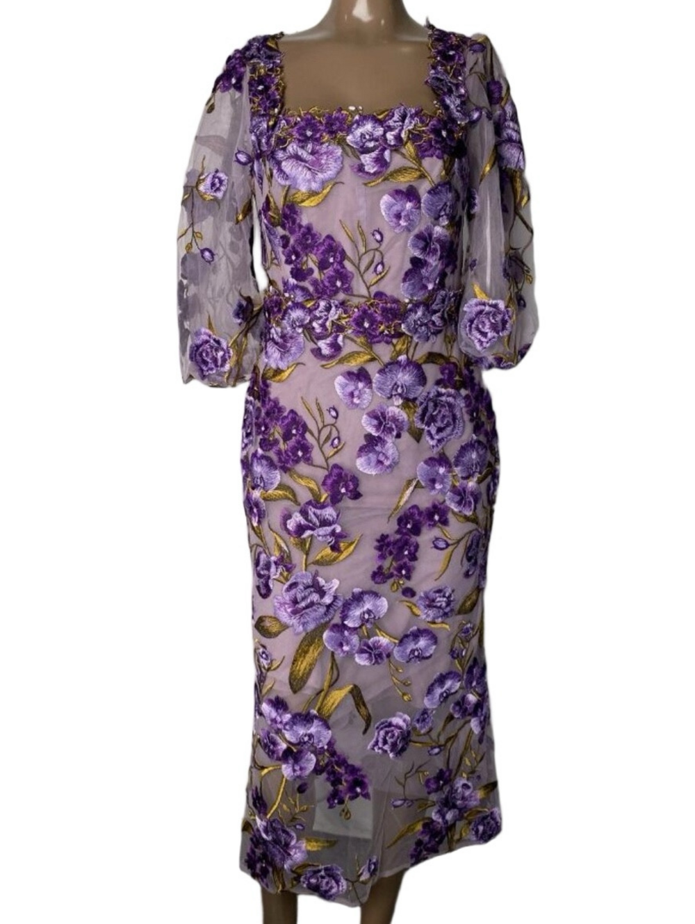 Marchesa Notte Women’s Orchid & Rose Embroidered Tulle Midi Dress Size 0 Purple